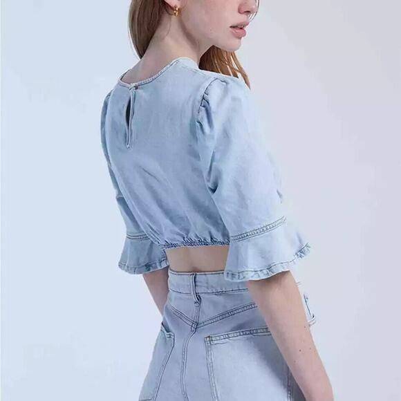 WEWOREWHAT Cropped Denim Top Super Light Flare Cuff Sleeves Size Small S Stretch - Picture 4 of 12